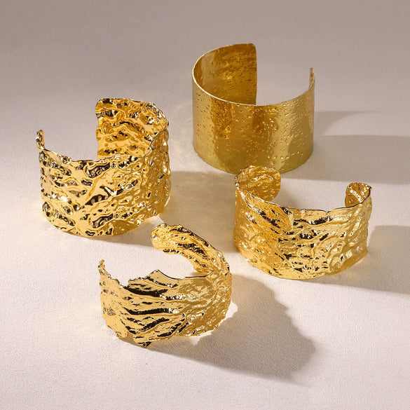 Jewelry Wide Bracelet Iron Gold Platinum Steel Color Geometric Electroplated Irregular Texture Open Fashion Personality