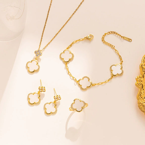 Jewelry Women Copper Titanium Steel Plants Flowers Electroplated Fourpiece Set Necklace Bracelet Earrings Ring