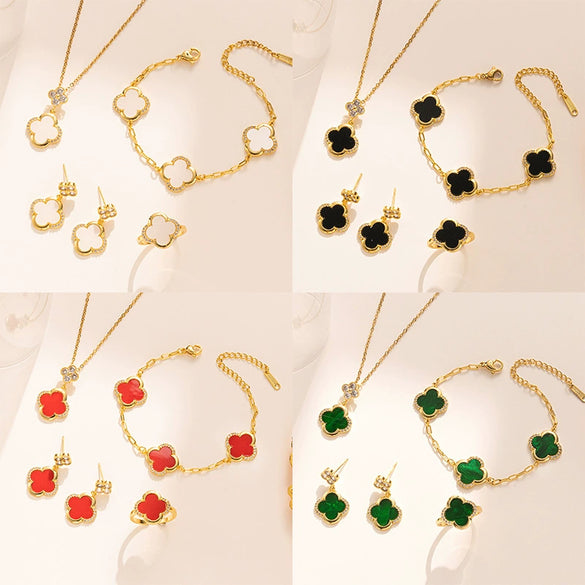 Jewelry Women Copper Titanium Steel Plants Flowers Electroplated Fourpiece Set Necklace Bracelet Earrings Ring