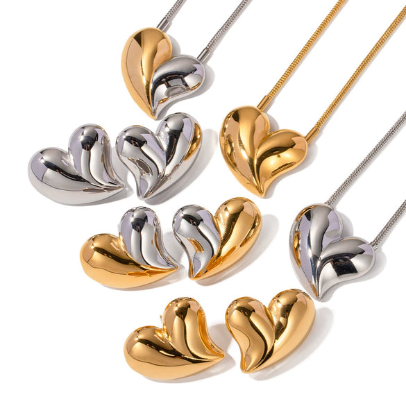 Jewelry Women Love Earrings Necklace Stainless Steel Vacuum Plated 18K Gold Non Fading With Love Drops Bell Pattern