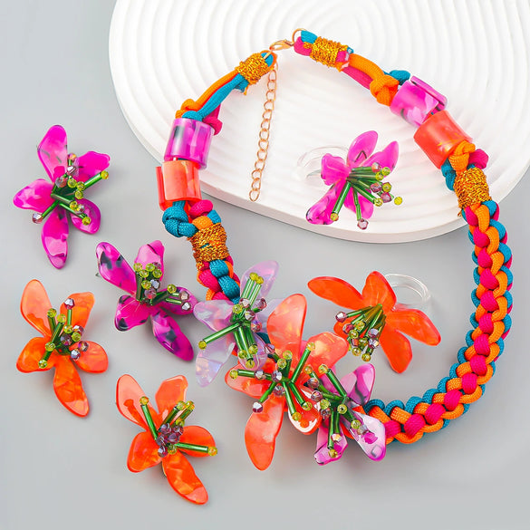 Jewelry Women Plexiglass Resin Tube Braided Weaving Flowers Earrings Ring Necklace