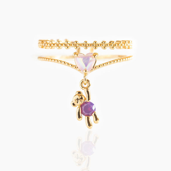 Jewelry Women's Colorful Zircon Ring With Bear Heart Flower Butterfly Fruit Pattern Environmental Protection Copper Real Gold Plated Electroplating