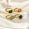 Jewelry Women's Retro Rectangular Emerald Pink Zircon Stainless Steel Geometric Ring Electroplated