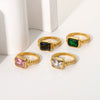 Jewelry Women's Retro Rectangular Emerald Pink Zircon Stainless Steel Geometric Ring Electroplated