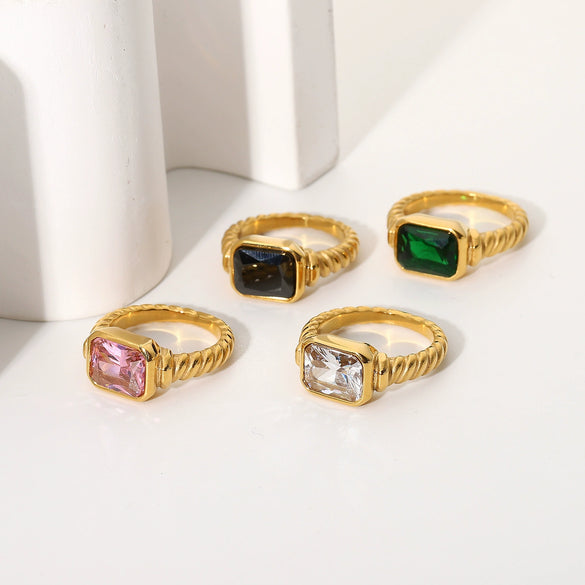 Jewelry Women's Retro Rectangular Emerald Pink Zircon Stainless Steel Geometric Ring Electroplated