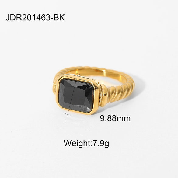 Jewelry Women's Retro Rectangular Emerald Pink Zircon Stainless Steel Geometric Ring Electroplated
