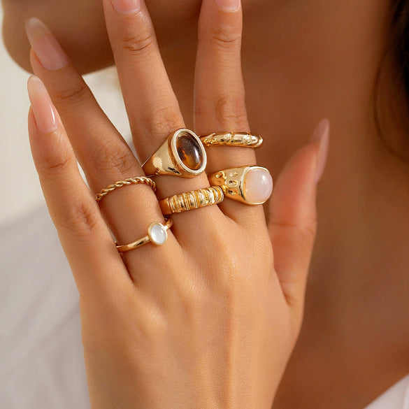 Jewelry Zinc Alloy Geometric Inlaid Ring Set Cold Style Electroplating For Women
