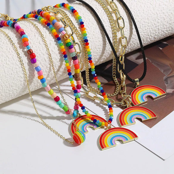 Jewelry Zinc Alloy Geometric Rainbow Pendant Clavicle Chain Multi Layer Couple Necklace