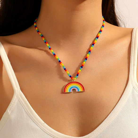 Jewelry Zinc Alloy Geometric Rainbow Pendant Clavicle Chain Multi Layer Couple Necklace