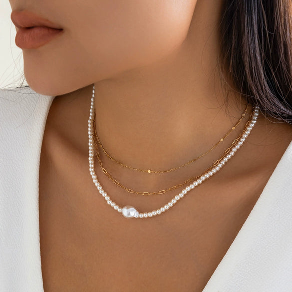 Jewelry Zinc Alloy Geometric Snake Bone Chain Imitation Pearl Multi Layer Necklace For Women Electroplated