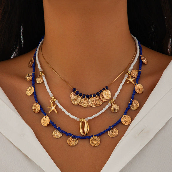 Jewelry Zinc Alloy Resin Beaded Necklace With Starfish Shell Star Shape Retro Electroplating For Women