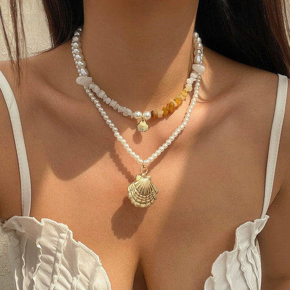 Jewelry Zinc Alloy Resin Beaded Necklace With Starfish Shell Star Shape Retro Electroplating For Women
