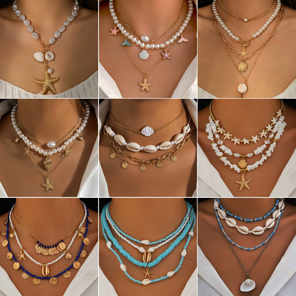 Jewelry Zinc Alloy Resin Beaded Necklace With Starfish Shell Star Shape Retro Electroplating For Women