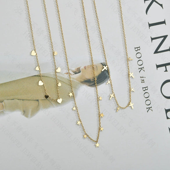 14K Gold Electroplated Stainless Steel Fivepointed Star Cross Love Clavicle Chain With Ochain
