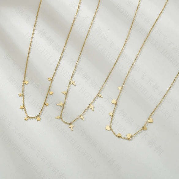 14K Gold Electroplated Stainless Steel Fivepointed Star Cross Love Clavicle Chain With Ochain