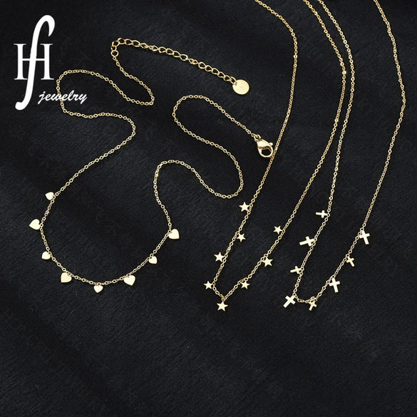 14K Gold Electroplated Stainless Steel Fivepointed Star Cross Love Clavicle Chain With Ochain