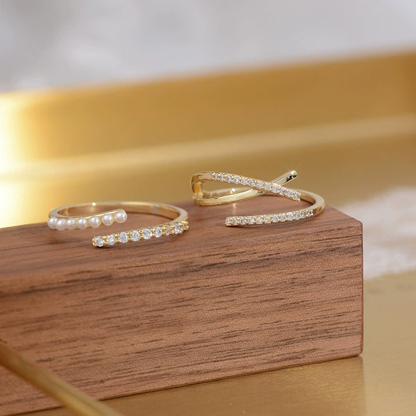 14K Gold Plated Cross Drilled Zirconium Fine Finger Ring Opening Ring For Women With Geometric Pattern Electroplating Treatment Metal Material
