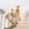 18K Gold Plated Natural Pearl Leaf Design Geometric Stainless Steel Earrings With Vacuum Plating In Furnace 18K Electroplating