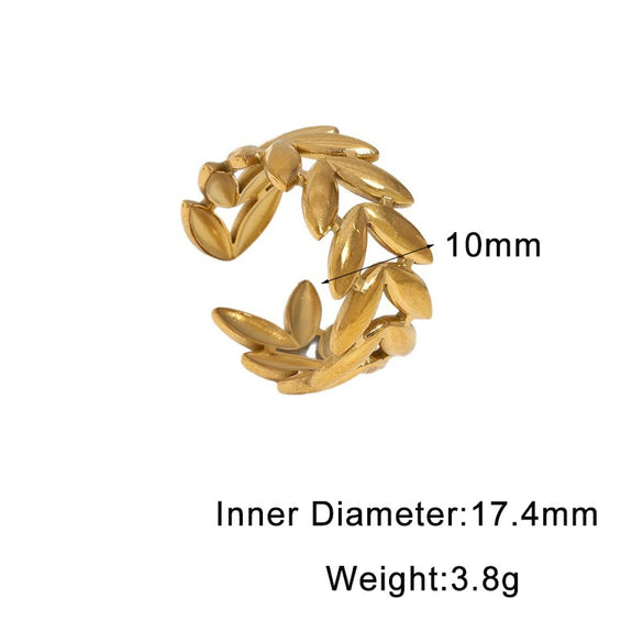 18K Gold Plated Stainless Steel Open Ring For Women With Minimalist Leaf Design And Electroplated Finish