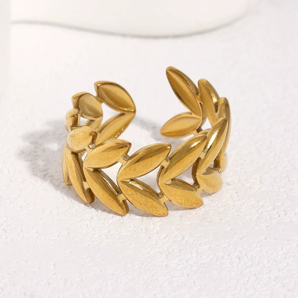 18K Gold Plated Stainless Steel Open Ring For Women With Minimalist Leaf Design And Electroplated Finish