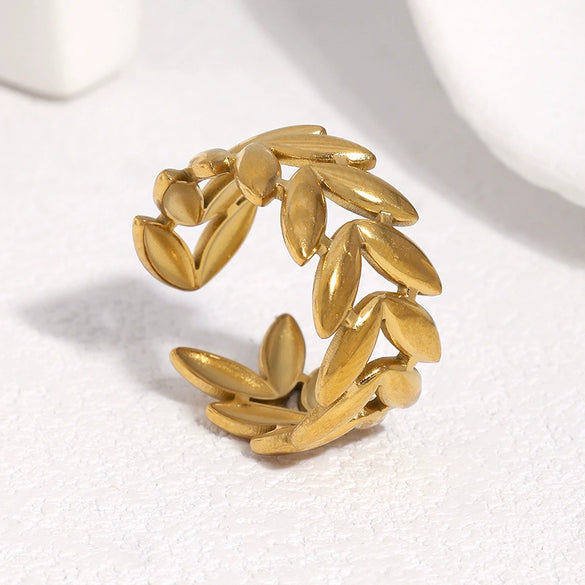 18K Gold Plated Stainless Steel Open Ring For Women With Minimalist Leaf Design And Electroplated Finish