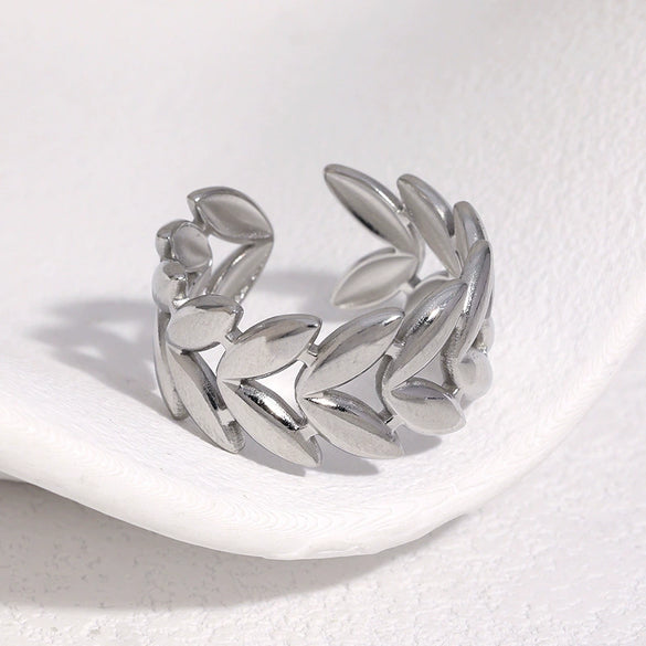 18K Gold Plated Stainless Steel Open Ring For Women With Minimalist Leaf Design And Electroplated Finish
