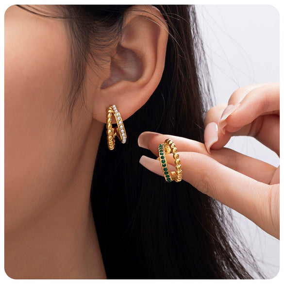 18K Goldplated Stainless Steel Cshaped Pearl Doublelayer Gold Beads Inlaid With Green Diamond Women's Earrings