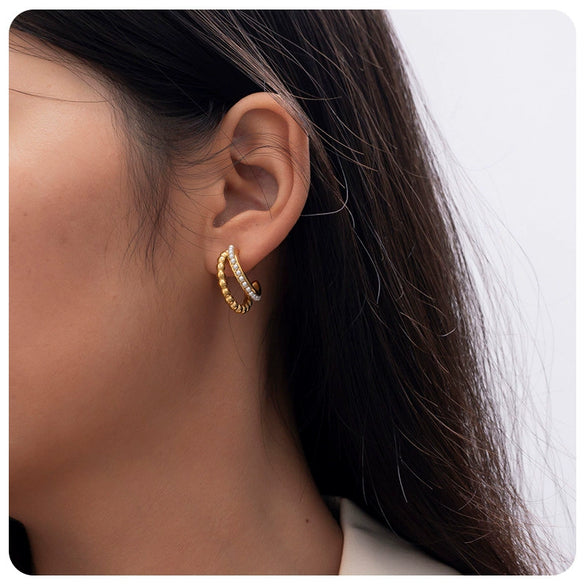 18K Goldplated Stainless Steel Cshaped Pearl Doublelayer Gold Beads Inlaid With Green Diamond Women's Earrings