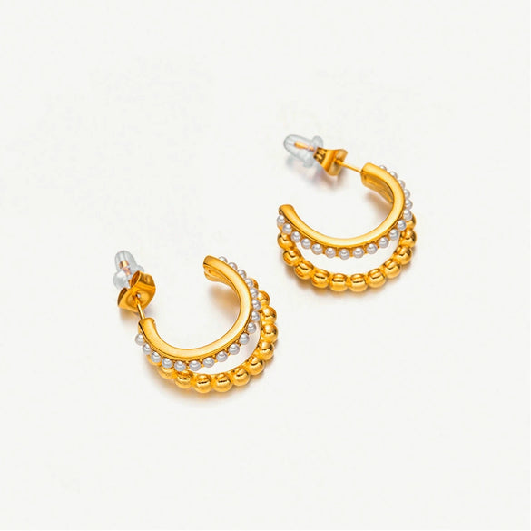 18K Goldplated Stainless Steel Cshaped Pearl Doublelayer Gold Beads Inlaid With Green Diamond Women's Earrings