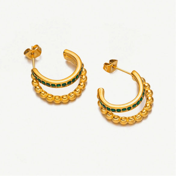 18K Goldplated Stainless Steel Cshaped Pearl Doublelayer Gold Beads Inlaid With Green Diamond Women's Earrings