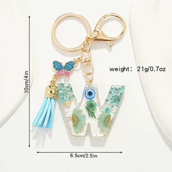 Key Ring Pendant With Dried Flower Letter Pattern Fashion Style Dripping Glue Process