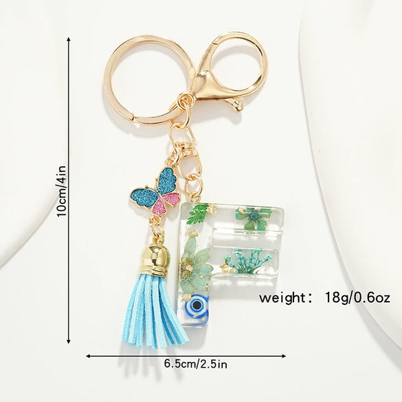 Key Ring Pendant With Dried Flower Letter Pattern Fashion Style Dripping Glue Process