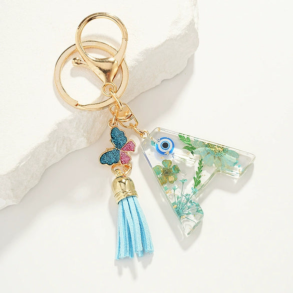 Key Ring Pendant With Dried Flower Letter Pattern Fashion Style Dripping Glue Process