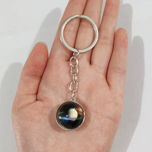 Keychain Metal Glass Solar System Galaxy Nebula Double Sided Ball Pendant Electroplating Stars Sun Moon Clouds Universe Design