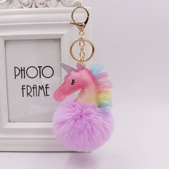 Keychain Plush Pu Leather Unicorn Fur Ball