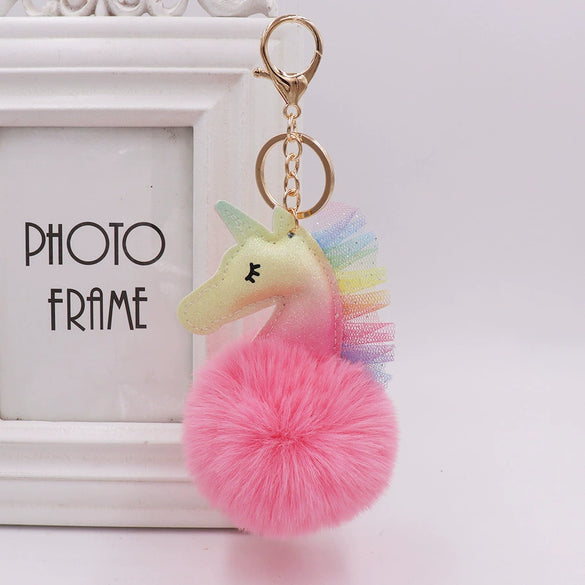 Keychain Plush Pu Leather Unicorn Fur Ball