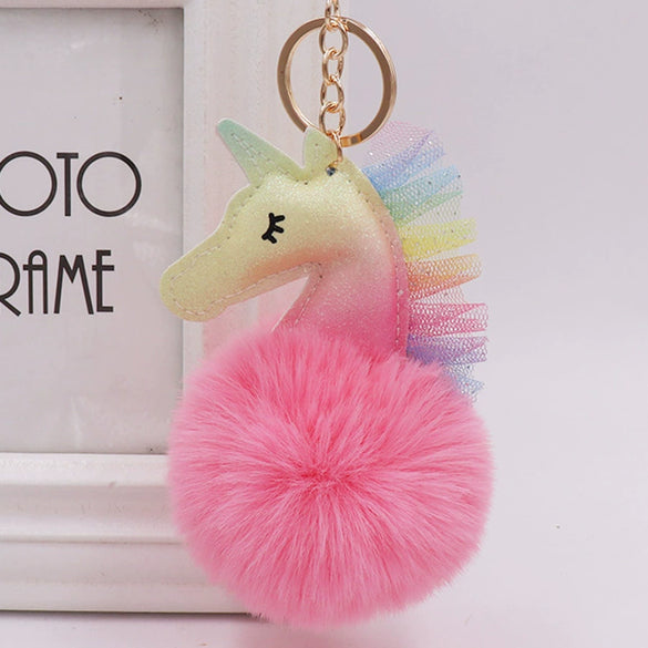 Keychain Plush Pu Leather Unicorn Fur Ball