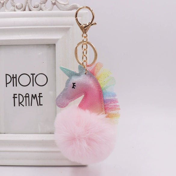 Keychain Plush Pu Leather Unicorn Fur Ball
