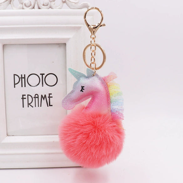 Keychain Plush Pu Leather Unicorn Fur Ball