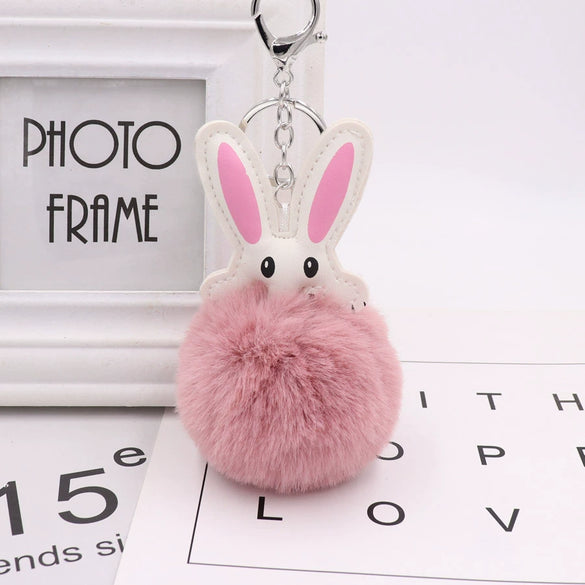 Keychain Pu Leather Plush White Rabbit Fur Ball Animal Doll Pendant