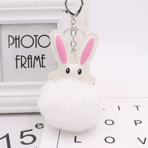 Keychain Pu Leather Plush White Rabbit Fur Ball Animal Doll Pendant