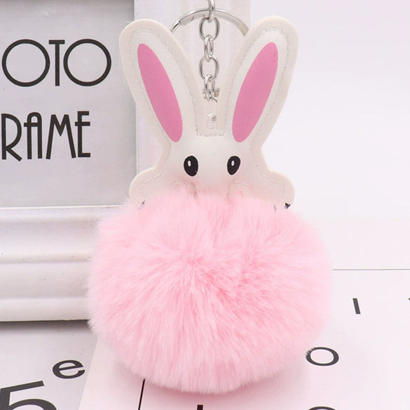 Keychain Pu Leather Plush White Rabbit Fur Ball Animal Doll Pendant