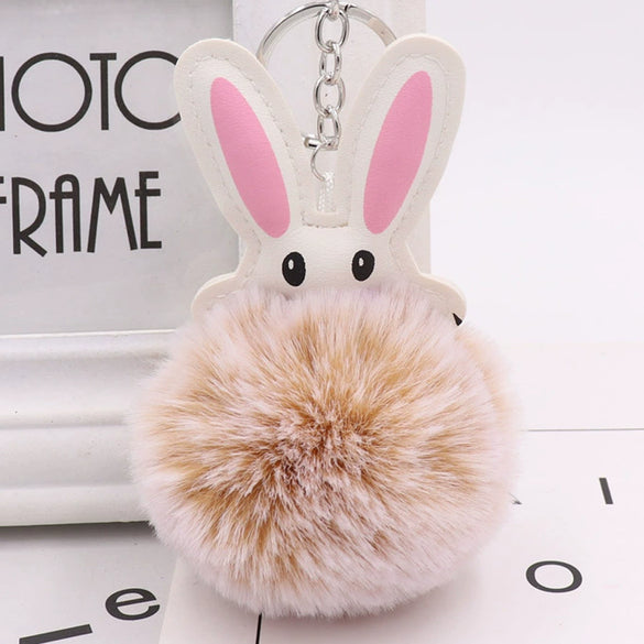 Keychain Pu Leather Plush White Rabbit Fur Ball Animal Doll Pendant