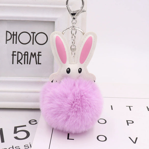 Keychain Pu Leather Plush White Rabbit Fur Ball Animal Doll Pendant