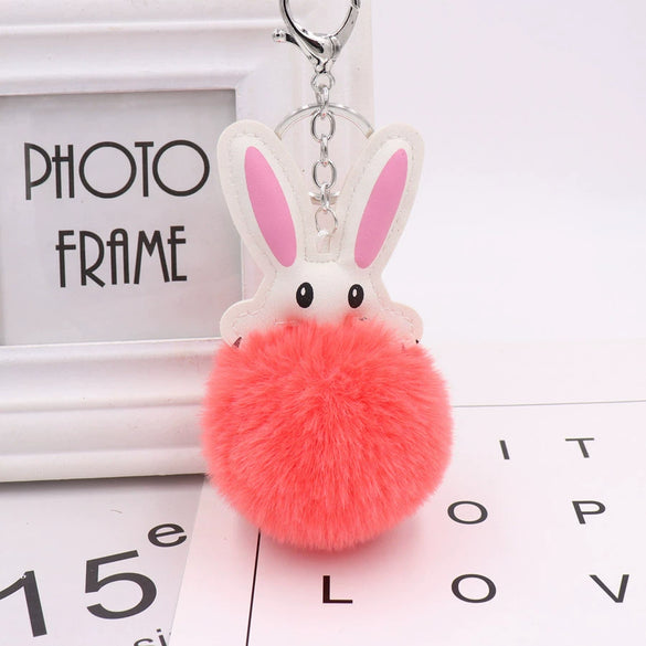 Keychain Pu Leather Plush White Rabbit Fur Ball Animal Doll Pendant