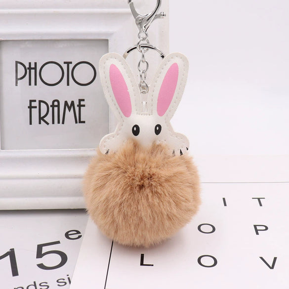 Keychain Pu Leather Plush White Rabbit Fur Ball Animal Doll Pendant