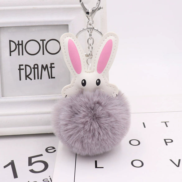 Keychain Pu Leather Plush White Rabbit Fur Ball Animal Doll Pendant