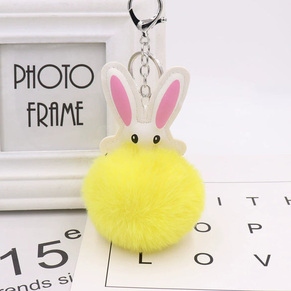 Keychain Pu Leather Plush White Rabbit Fur Ball Animal Doll Pendant