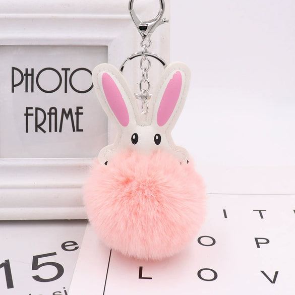 Keychain Pu Leather Plush White Rabbit Fur Ball Animal Doll Pendant
