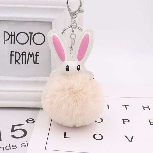 Keychain Pu Leather Plush White Rabbit Fur Ball Animal Doll Pendant